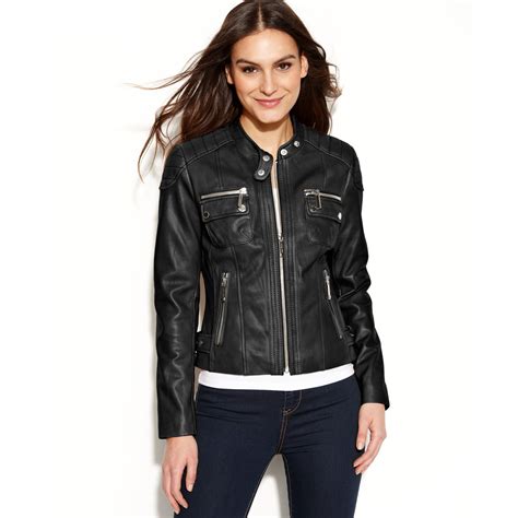 michael kors womens leather motorcycle jacket|Michael Kors petite leather jacket.